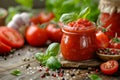 Homemade tomato sauce in glass jar on wooden background. Delicious Italian sauce for pasta or pizza on kitchen table Royalty Free Stock Photo