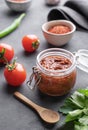 Homemade tomato sauce for pizza or pasta in a jar on a dark background with fresh vegetables, herbs and spicy close up Royalty Free Stock Photo