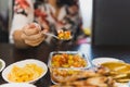 Homemade tomato sauce salsa dip with nachos on table. Royalty Free Stock Photo