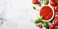 Homemade tomato sauce with spices and aromatic basil on white marble 1 Royalty Free Stock Photo