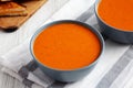 Homemade Tomato Soup with Grilled Cheese on a white wooden background, side view. Close-up Royalty Free Stock Photo