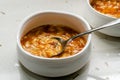 Homemade Tomato Soup with Orzo Barley and Spoon Royalty Free Stock Photo