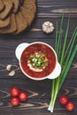 Homemade tomato soup with rye bread and garlic on a dark wooden table. Beetroot soup in a bowl with sour cream and green onions. Royalty Free Stock Photo