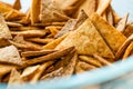 Homemade Tortilla Chips made with Flatbread and Baked in Oven / Close up Macro View.