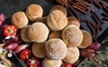 Homemade traditional buns of bread, authentic rustic recipe on counter top during food festival