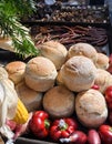 Homemade traditional buns of bread, authentic rustic recipe on counter top during food festival