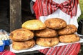 Homemade traditional buns of bread, authentic rustic recipe on counter top during food festival