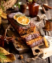 Homemade traditional christmas fruit cake cut on slices with fruits, nuts, dried citrus Royalty Free Stock Photo