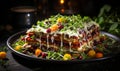 Homemade traditional Italian lasagna on a plate garnished with fresh herbs ready to be served for a hearty meal Royalty Free Stock Photo