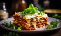 Homemade traditional Italian lasagna on a plate garnished with fresh herbs ready to be served for a hearty meal Royalty Free Stock Photo