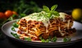 Homemade traditional Italian lasagna on a plate garnished with fresh herbs ready to be served for a hearty meal Royalty Free Stock Photo