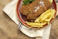 Homemade traditional Milanese veal escalope with french fries