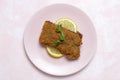 Homemade traditional Milanese veal escalope with french fries