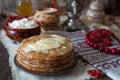 Homemade traditional pancakes with honey, butter and cottage cheese