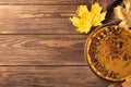 Homemade traditional pumpkin pie decorated with nuts and seeds. Natural rustic style wooden background. Copy space Royalty Free Stock Photo