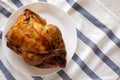 Homemade traditional rotisserie chicken on a white plate, top view. Flat lay, overhead, from above