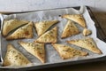 Homemade triangle pies on oven-tray