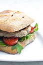 homemade turkey burger with cherry tomatoes and arugula in ciabatta Royalty Free Stock Photo