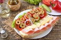 Homemade turkey ham sandwich with tomato, cucumber, red onion, olives, lettuce, cheese and white sauce. Royalty Free Stock Photo