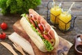 Homemade turkey ham sandwich with tomato, cucumber, red onion, olives, lettuce, cheese and white sauce. Royalty Free Stock Photo