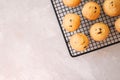 Homemade vanilla cookies with chocolate chips on a wire rack. White stone background. Royalty Free Stock Photo