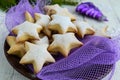 Homemade vanilla cookies in star-shaped decoration with powdered sugar