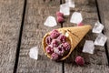 Homemade Vanilla Ice Cream in Waffle Cone with Frozen Raspberry Lying on on Rustic Wooden Background Tasty Ice Cream Summer Royalty Free Stock Photo