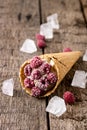 Homemade Vanilla Ice Cream in Waffle Cone with Frozen Raspberry Lying on on Rustic Wooden Background Tasty Ice Cream Summer Royalty Free Stock Photo