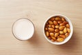 Homemade vegan almond milk and water soaked almonds