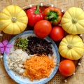 Homemade vegan grilled vegetables from stuffed red tomato, bell peppers, yellow pumpkin Royalty Free Stock Photo