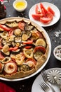 Homemade vegetable pie galette with grilled eggplants, tomatoes and onion Royalty Free Stock Photo