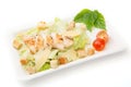 Homemade Vegetable salad with chicken and cheese on white rectangular plate on white background Royalty Free Stock Photo