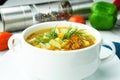 Homemade vegetable soup in enamel mug Royalty Free Stock Photo