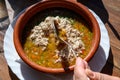 Homemade vegetables soup served with Canarian gofio flour based on local recipe of Masca village, Tenerife, Spain Royalty Free Stock Photo