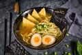 Homemade vegetarian Japanese Ramen noudle soup with fried tofu slices, egg and spring onions