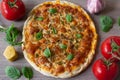 Homemade vegetarian margarita pizza with Parmesan and mozzarella cheese and traditional tomato sauce, topped with fresh green basi Royalty Free Stock Photo