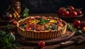 Homemade vegetarian quiche on rustic wooden table generated by AI