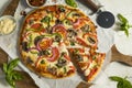 Homemade Veggie Pizza with Mushrooms Peppers Royalty Free Stock Photo