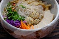 Homemade Vietnamese vegan noodles soup, colorful vegetables, tofu balls, delicious, nutrition, healthy vegetarian dish bowl Royalty Free Stock Photo