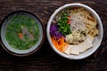 Homemade Vietnamese vegan noodles soup, colorful vegetables, tofu balls, delicious, nutrition, healthy vegetarian dish bowl Royalty Free Stock Photo