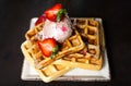 Homemade waffles with ice cream and strawberry Royalty Free Stock Photo