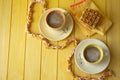 Homemade waffles of the ussr with cocoa drink on a yellow table top view