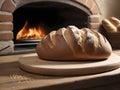 Homemade Warmth. Freshly Baked Bread Gracing a Wooden Table with Oven Backdrop