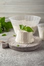 Homemade whey ricotta cheese or cottage cheese with basil ready to eat. Vegetarian healthy, nutritious diet food