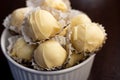 Homemade white chocolate truffles with coconut filling and whole almond. Raffaello balls with condensed milk. Royalty Free Stock Photo
