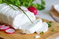 Homemade white cottage cheese on wooden table