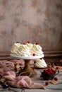 Homemade white mini desserts pavlova on wooden cake stand with whipped cream and raspberries on grey table with pink cloth Royalty Free Stock Photo