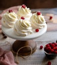 Homemade white mini desserts pavlova on wooden cake stand with whipped cream and raspberries on grey table with pink cloth Royalty Free Stock Photo