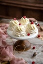 Homemade white mini desserts pavlova on wooden cake stand with whipped cream and raspberries on grey table with pink cloth Royalty Free Stock Photo