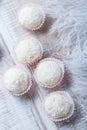 Homemade white truffles candy dessert sprinkled in coconut chips on wooden background close up. Delicious chocolate praline Royalty Free Stock Photo